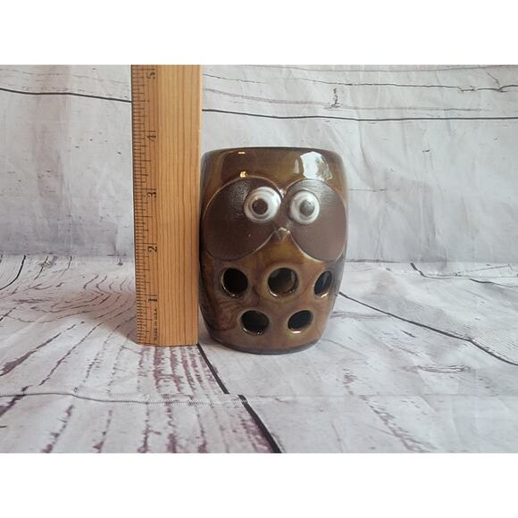 Vintage OMC Art Pottery Owl Cup Boho Planter Candle Pencil Brush Holder - Picture 7 of 7